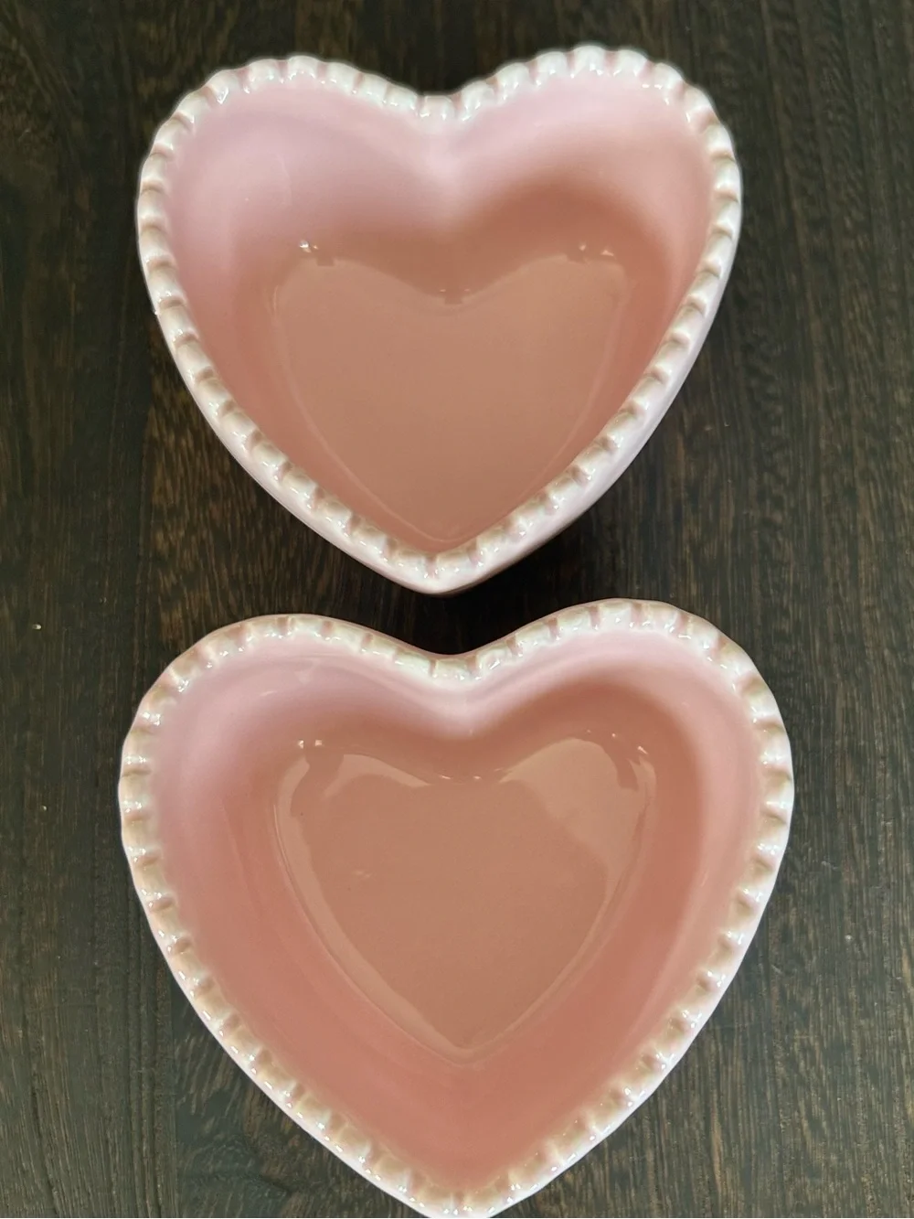 Set of 2 Pink Heart Shaped Ceramic Bowls Beaded Rim Ramekins Trinket Dishes